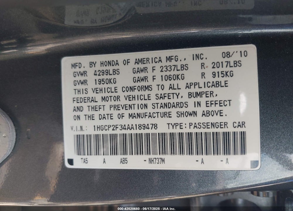 2010 HONDA ACCORD VIN: 1HGCP2F34AA189478