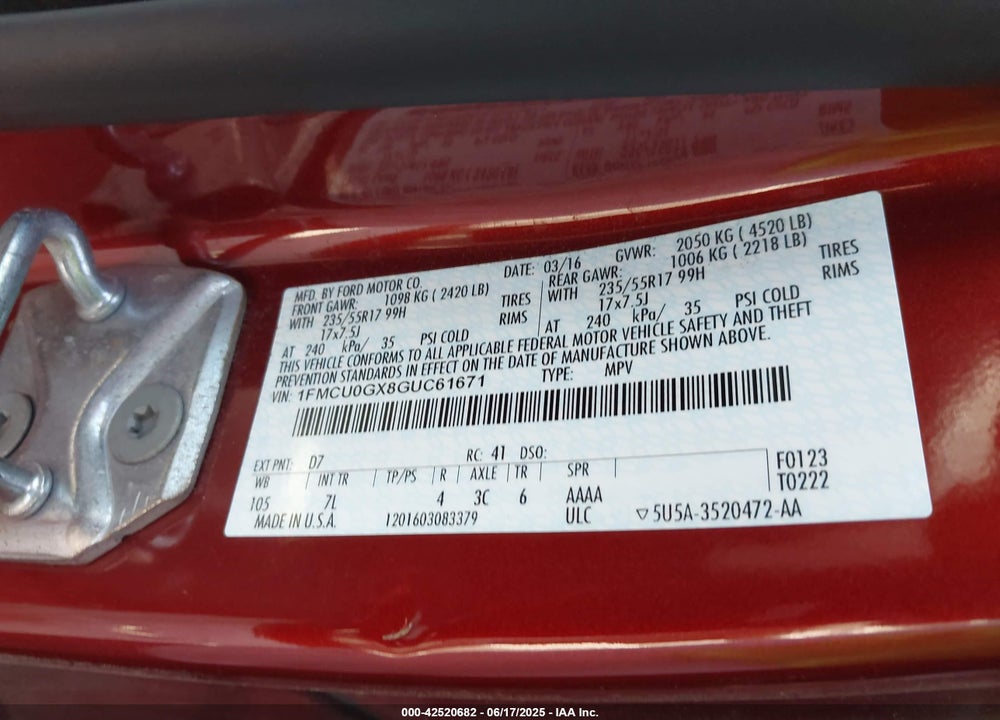 2016 FORD ESCAPE SE VIN: 1FMCU0GX8GUC61671