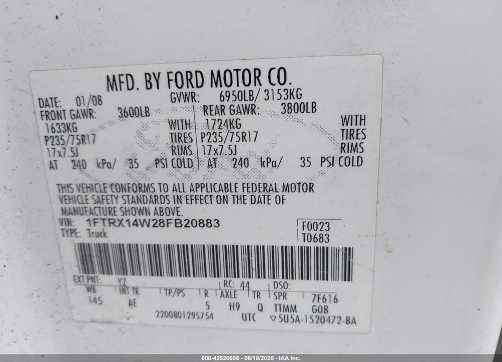 2008 FORD F-150 STX/XL/XLT VIN: 1FTRX14W28FB20883