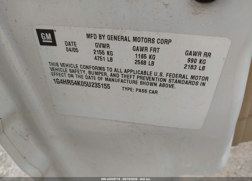 2005 BUICK LESABRE LIMITED VIN: 1G4HR54K05U235155