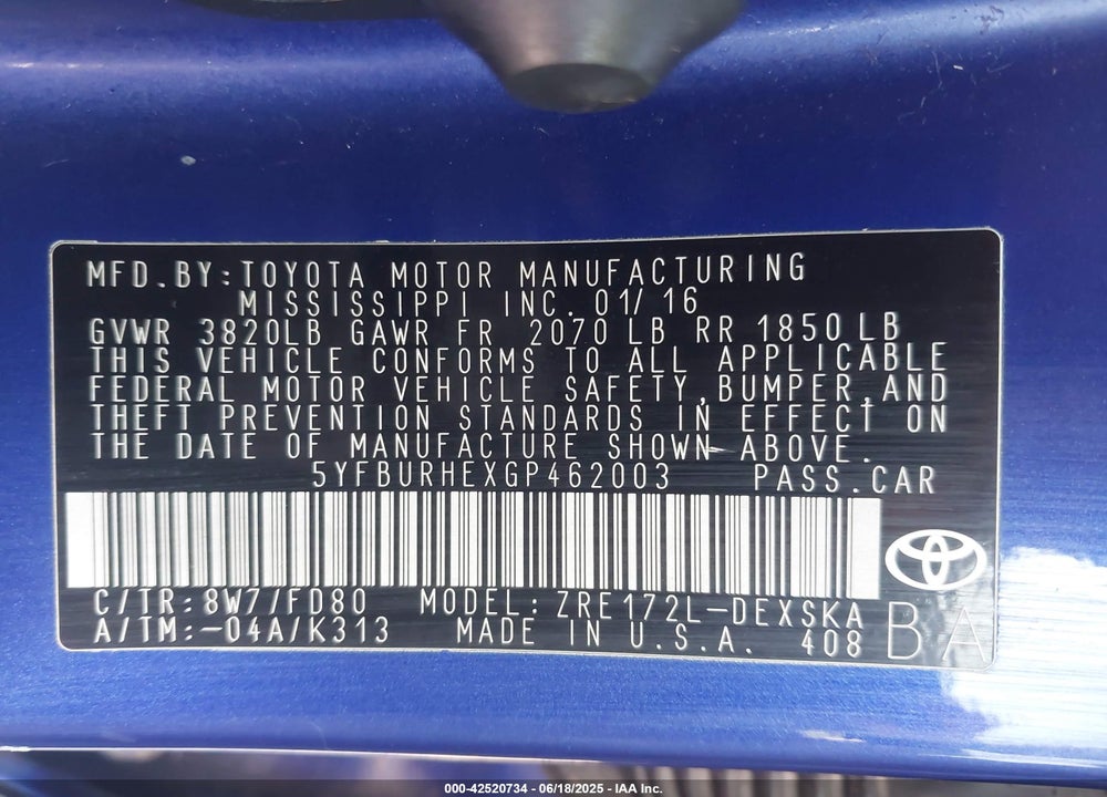 2016 TOYOTA COROLLA VIN: 5YFBURHEXGP462003