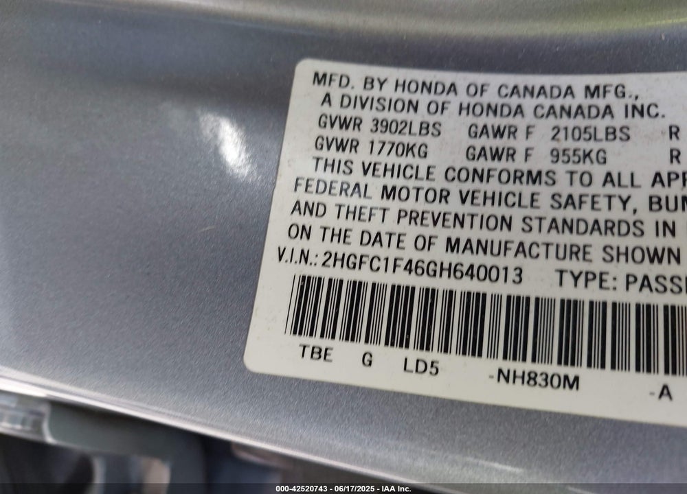 2016 HONDA CIVIC VIN: 2HGFC1F46GH640013