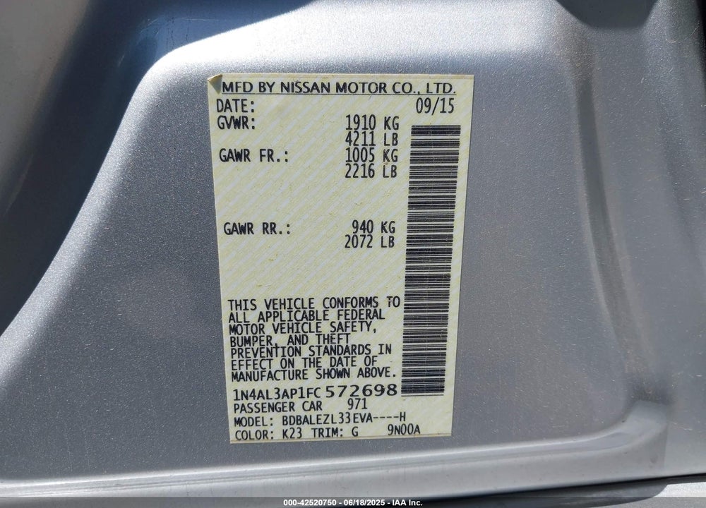 2015 NISSAN ALTIMA VIN: 1N4AL3AP1FC572698