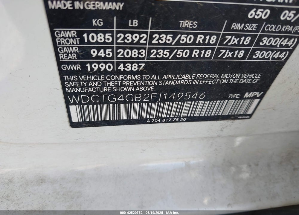 2015 MERCEDES-BENZ GLA 250 VIN: WDCTG4GB2FJ149546