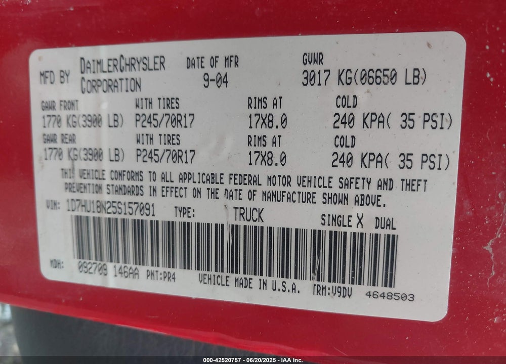 2005 DODGE RAM 1500 SLT/LARAMIE VIN: 1D7HU18N25S157091