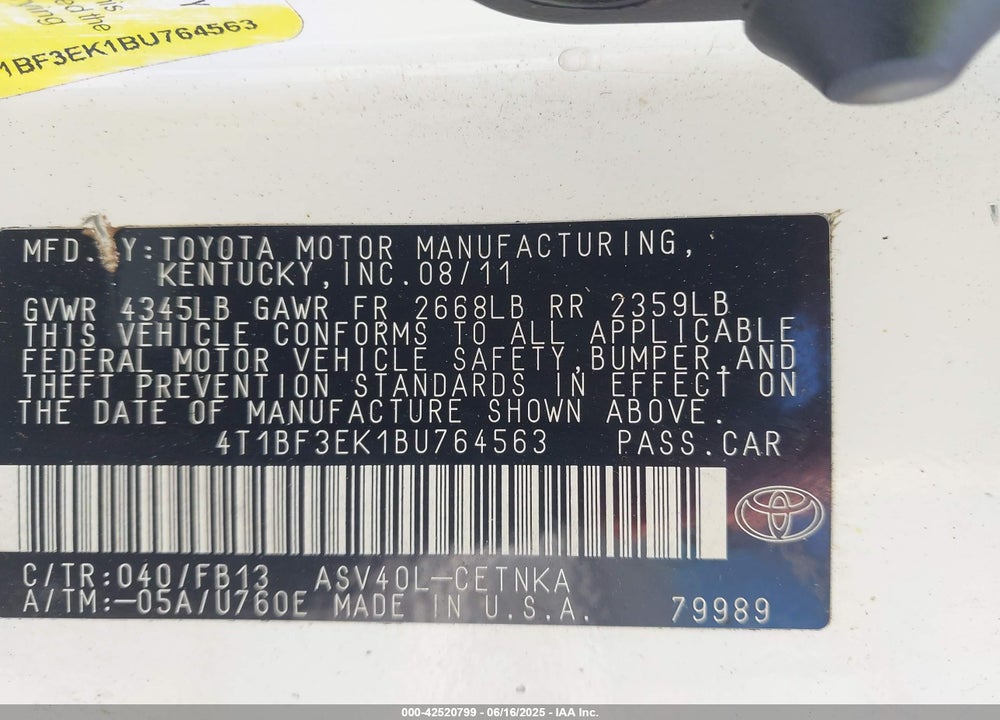 2011 TOYOTA CAMRY VIN: 4T1BF3EK1BU764563