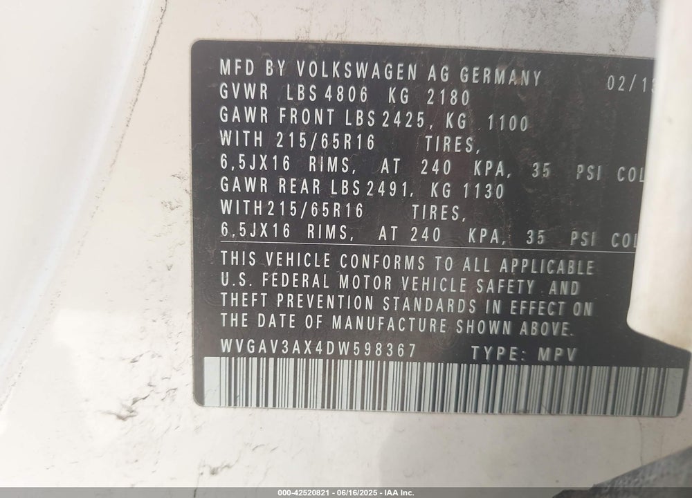 2013 VOLKSWAGEN TIGUAN S VIN: WVGAV3AX4DW598367