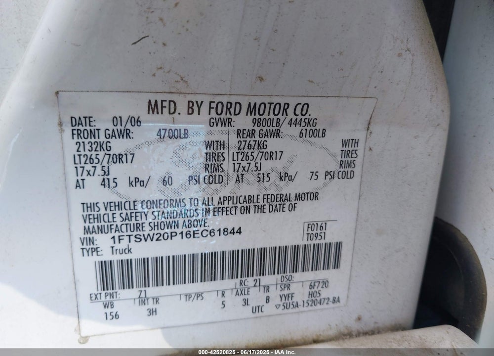 2006 FORD F-250 VIN: 1FTSW20P16EC61844