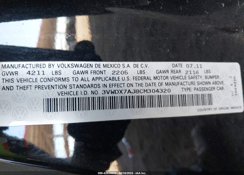 2012 VOLKSWAGEN JETTA SE W/CONVENIENCE/SUNROOF VIN: 3VWDX7AJ8CM304320
