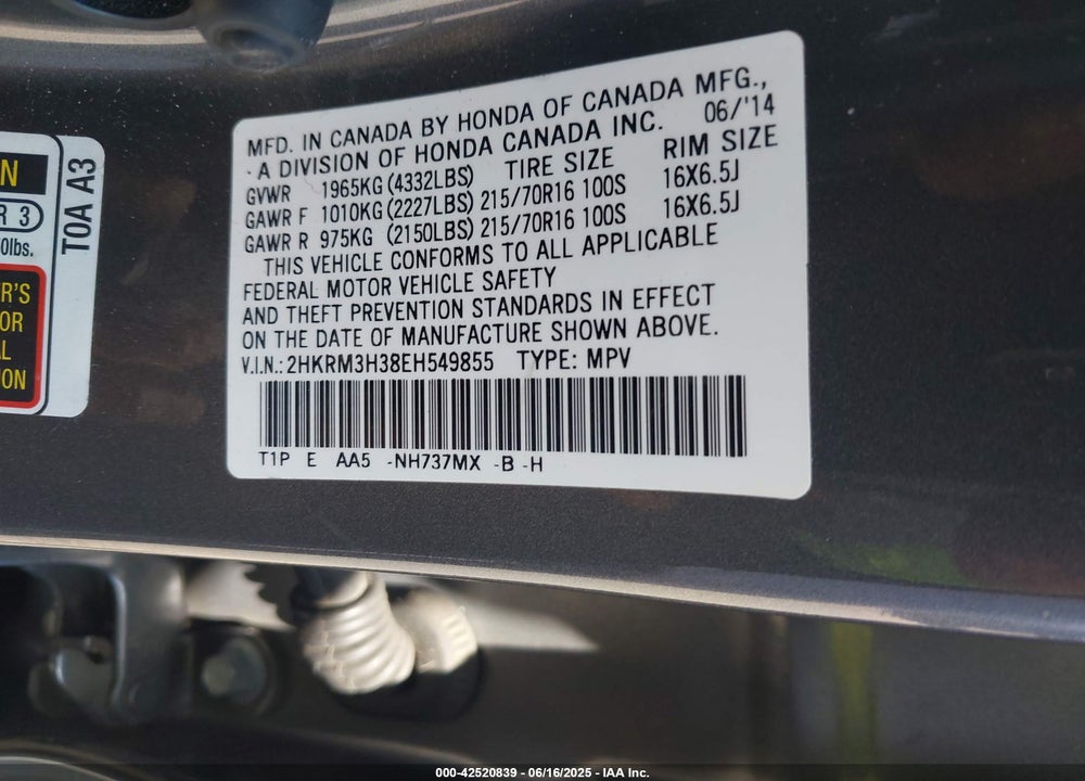 2014 HONDA CR-V VIN: 2HKRM3H38EH549855