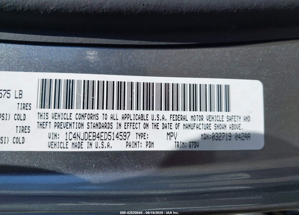2014 JEEP COMPASS LATITUDE VIN: 1C4NJDEB4ED514597