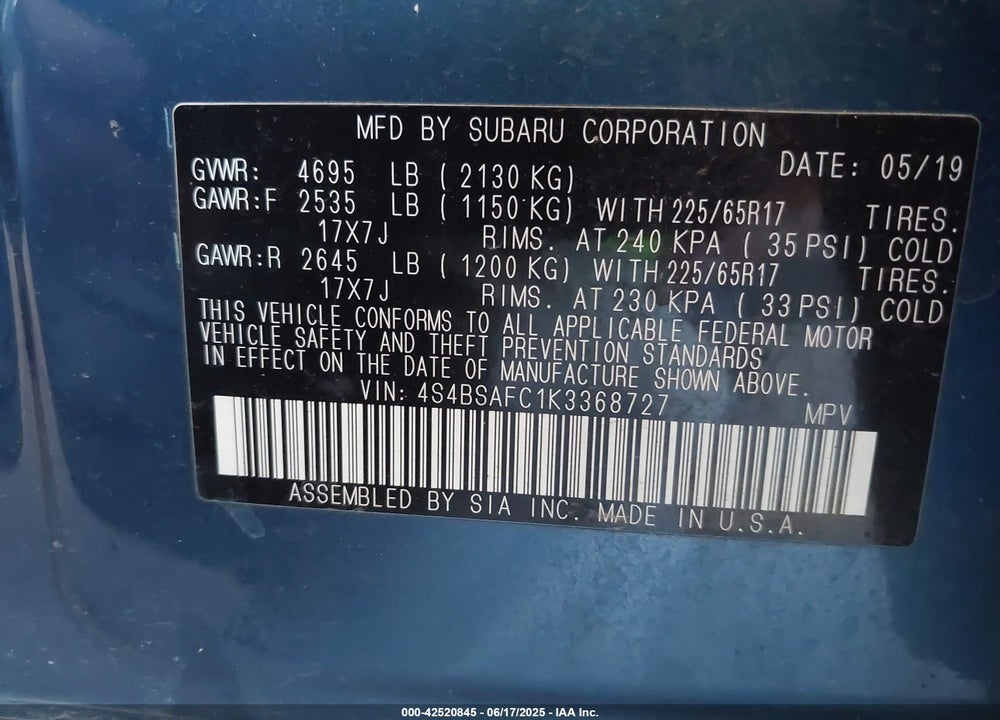 2019 SUBARU OUTBACK VIN: 4S4BSAFC1K3368727