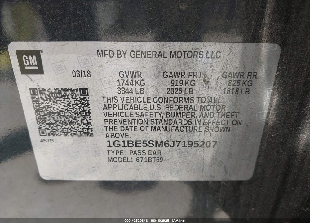 2018 CHEVROLET CRUZE VIN: 1G1BE5SM6J7195207