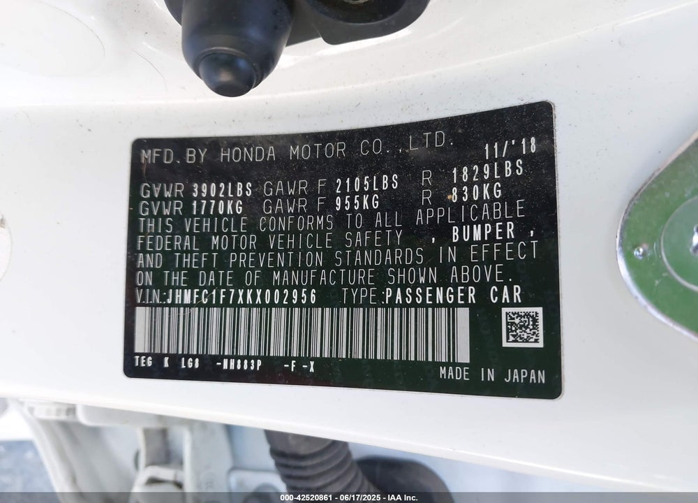 2019 HONDA CIVIC VIN: JHMFC1F7XKX002956