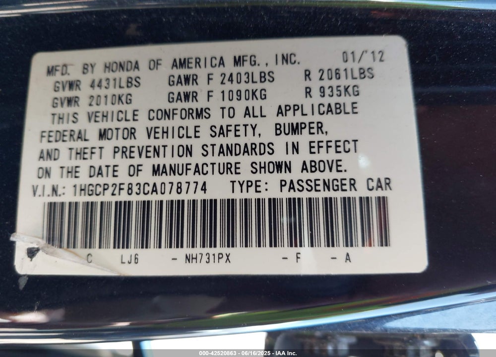 2012 HONDA ACCORD 2.4 EX-L VIN: 1HGCP2F83CA078774