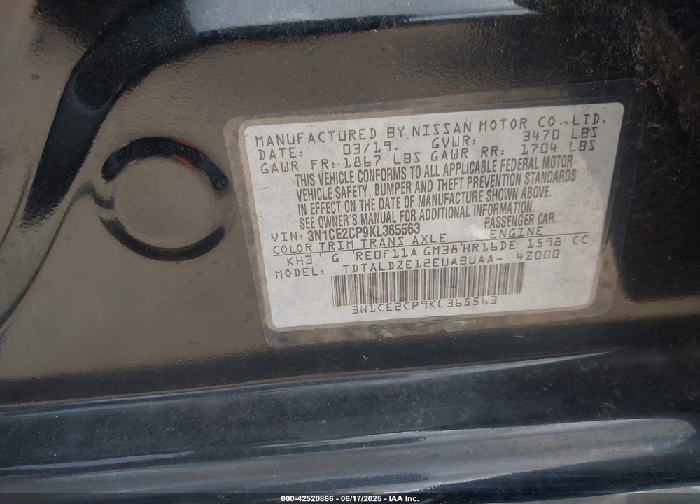 2019 NISSAN VERSA NOTE VIN: 3N1CE2CP9KL365563