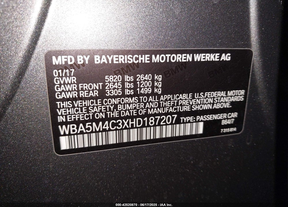 2017 BMW 535I GRAN TURISMO XDRIVE VIN: WBA5M4C3XHD187207