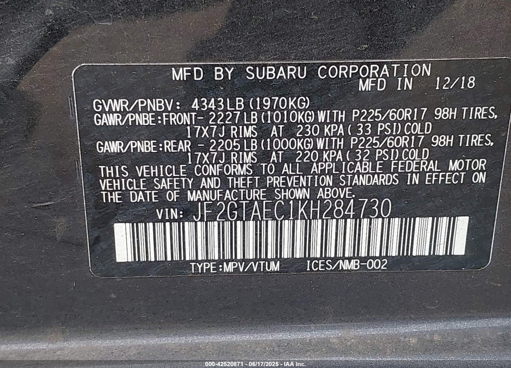 2019 SUBARU CROSSTREK 2.0I PREMIUM VIN: JF2GTAEC1KH284730