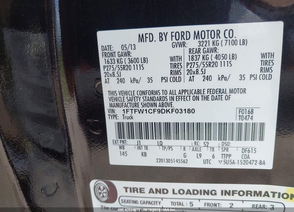 2013 FORD F-150 VIN: 1FTFW1CF9DKF03180