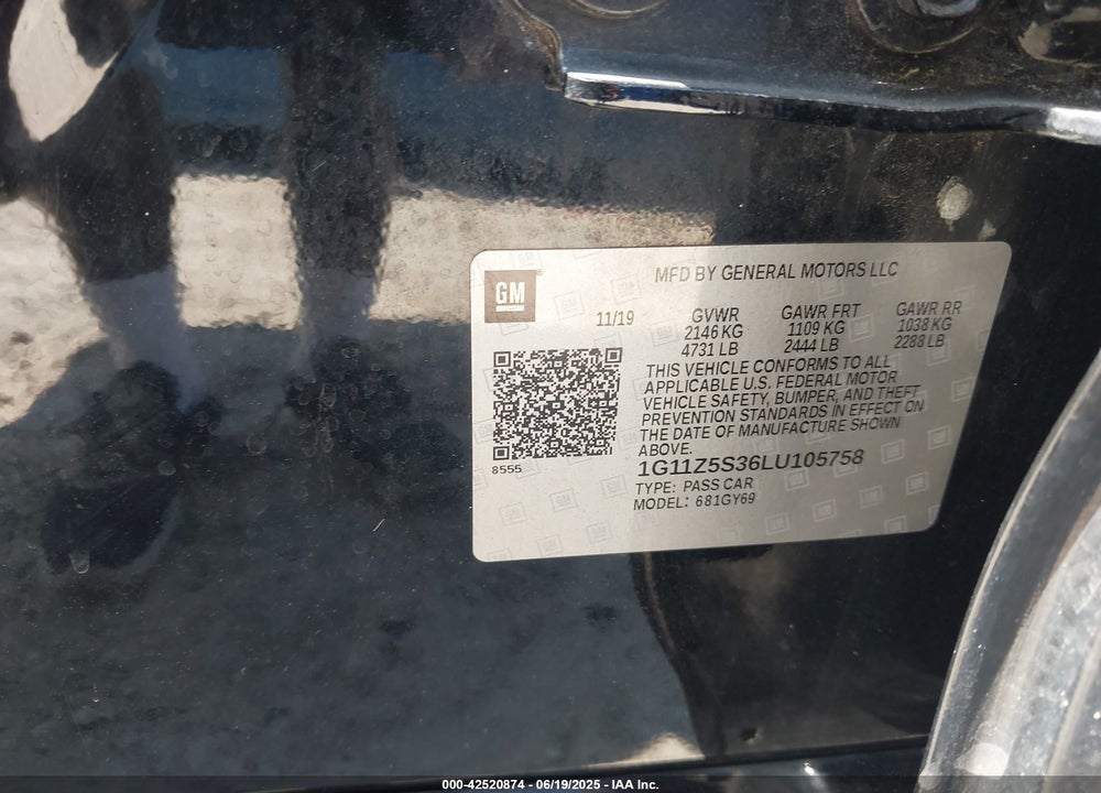 2020 CHEVROLET IMPALA VIN: 1G11Z5S36LU105758