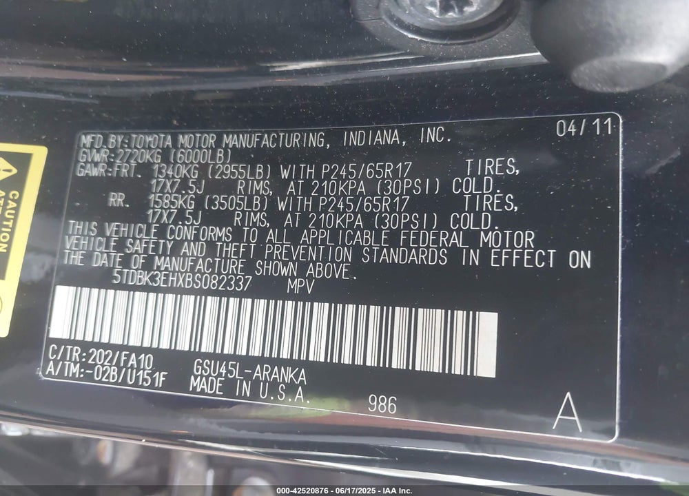 2011 TOYOTA HIGHLANDER BASE V6 VIN: 5TDBK3EHXBS082337