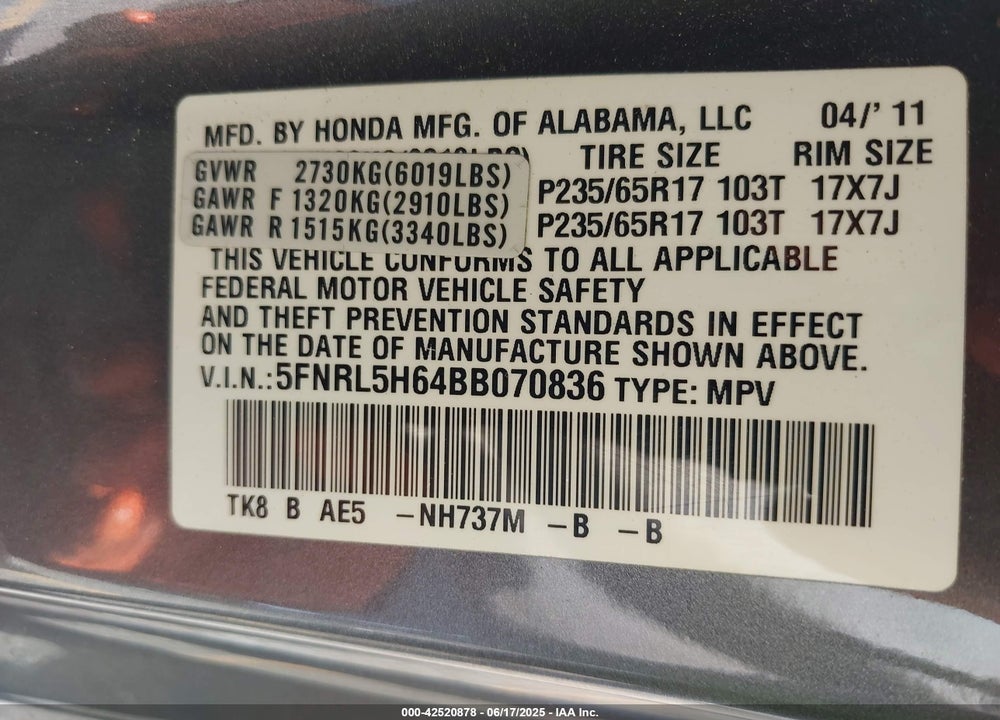 2011 HONDA ODYSSEY EX-L VIN: 5FNRL5H64BB070836