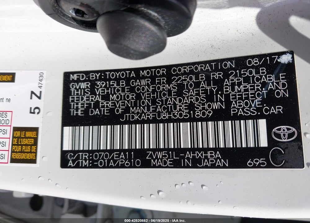 2017 TOYOTA PRIUS THREE TOURING VIN: JTDKARFU8H3051809
