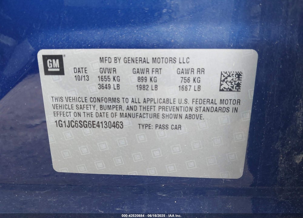 2014 CHEVROLET SONIC LT AUTO VIN: 1G1JC6SG6E4130463