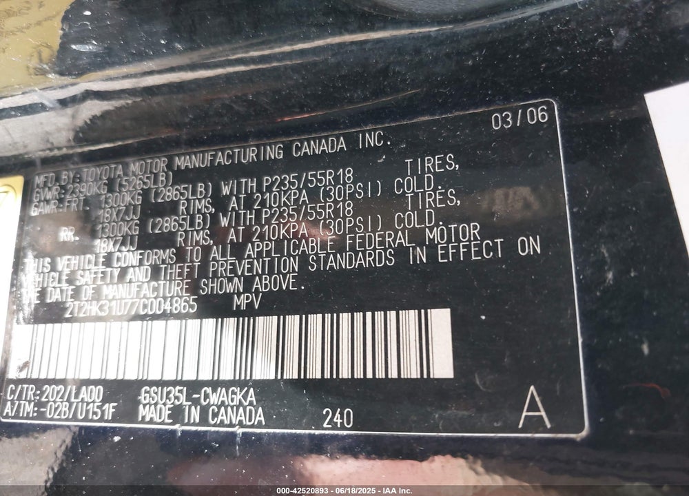 2007 LEXUS RX 350 VIN: 2T2HK31U77C004865