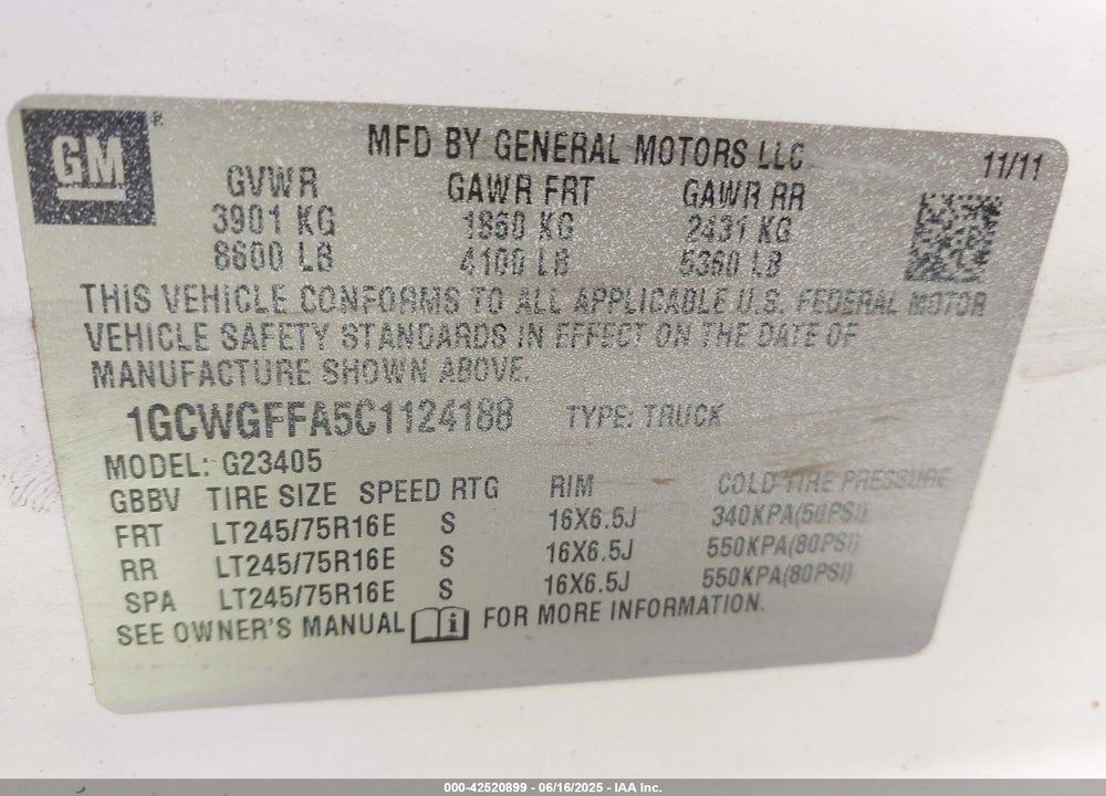 2012 CHEVROLET EXPRESS 2500 WORK VAN VIN: 1GCWGFFA5C1124188