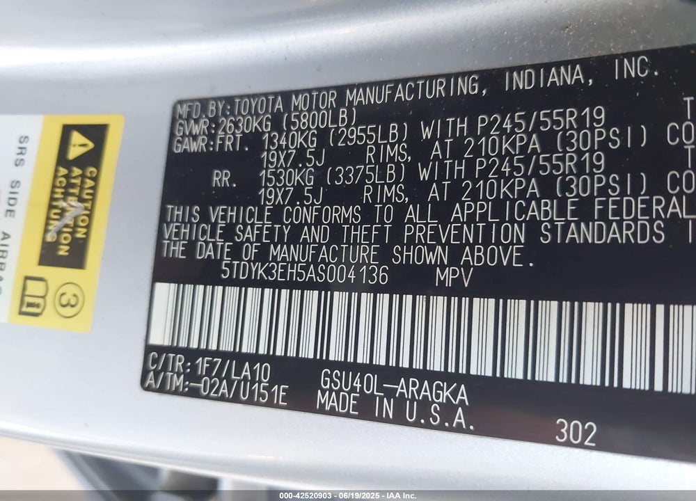 2010 TOYOTA HIGHLANDER LIMITED V6 VIN: 5TDYK3EH5AS004136