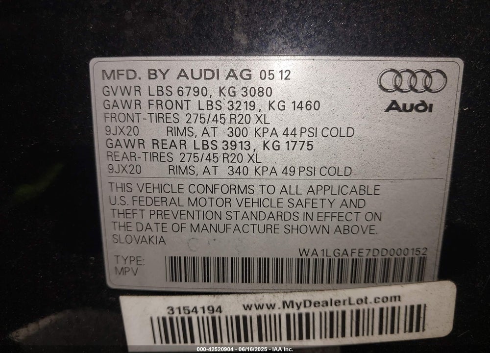 2013 AUDI Q7 3.0T PREMIUM VIN: WA1LGAFE7DD000152