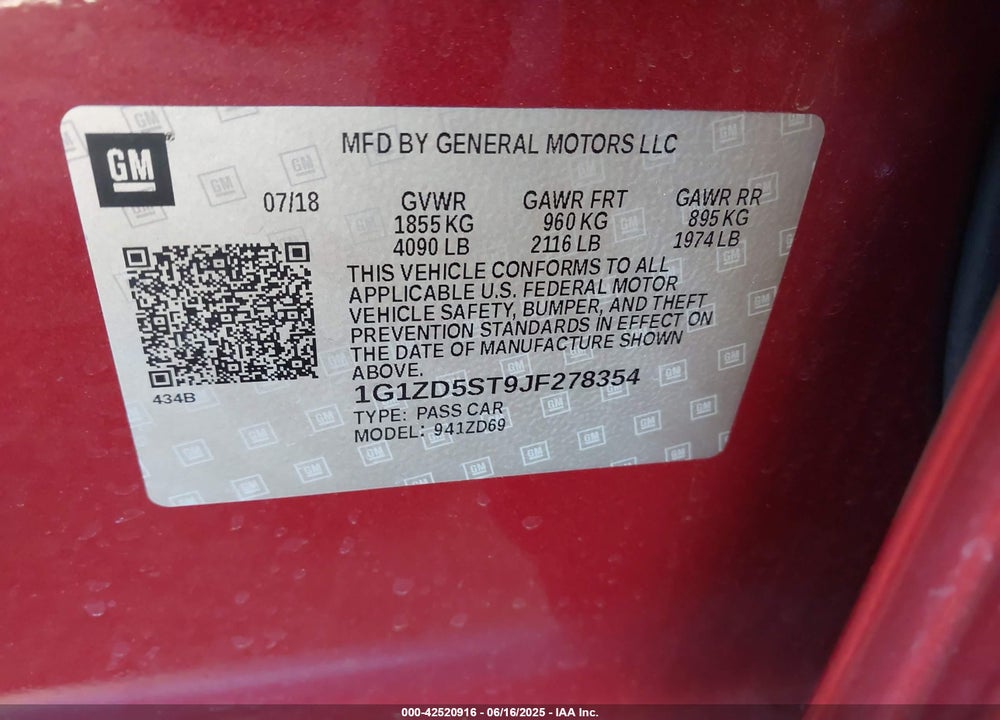 2018 CHEVROLET MALIBU VIN: 1G1ZD5ST9JF278354