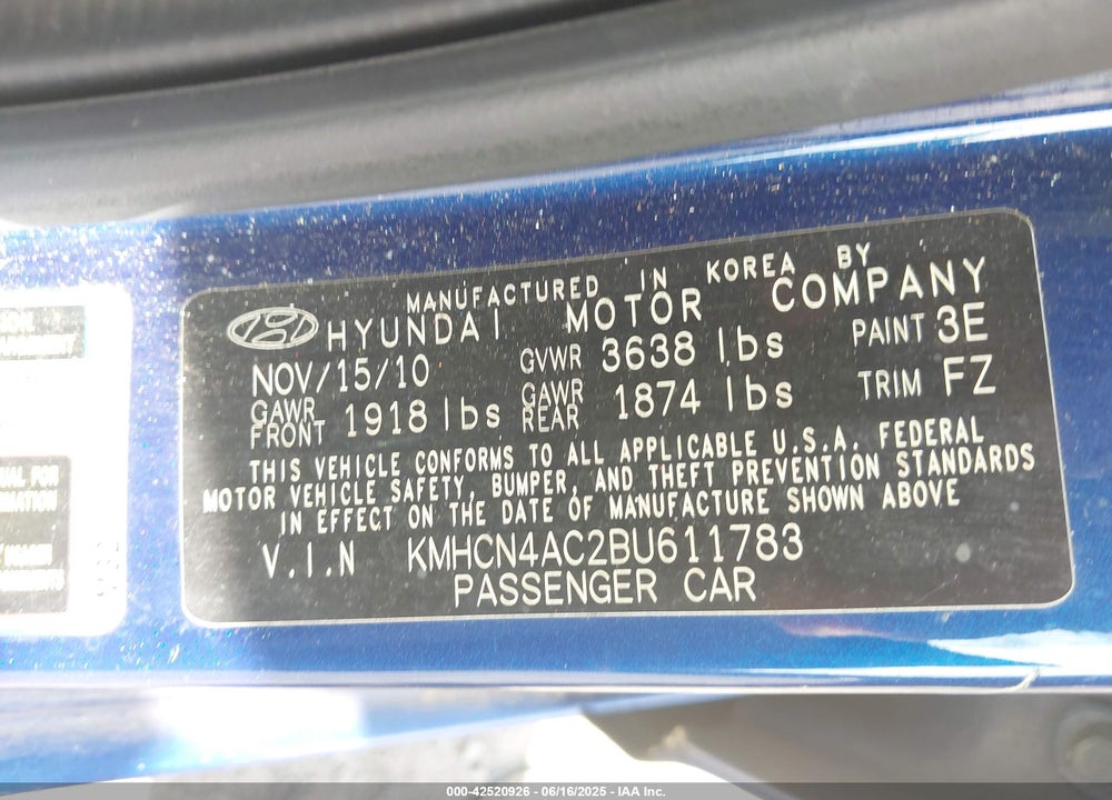 2011 HYUNDAI ACCENT VIN: KMHCN4AC2BU611783