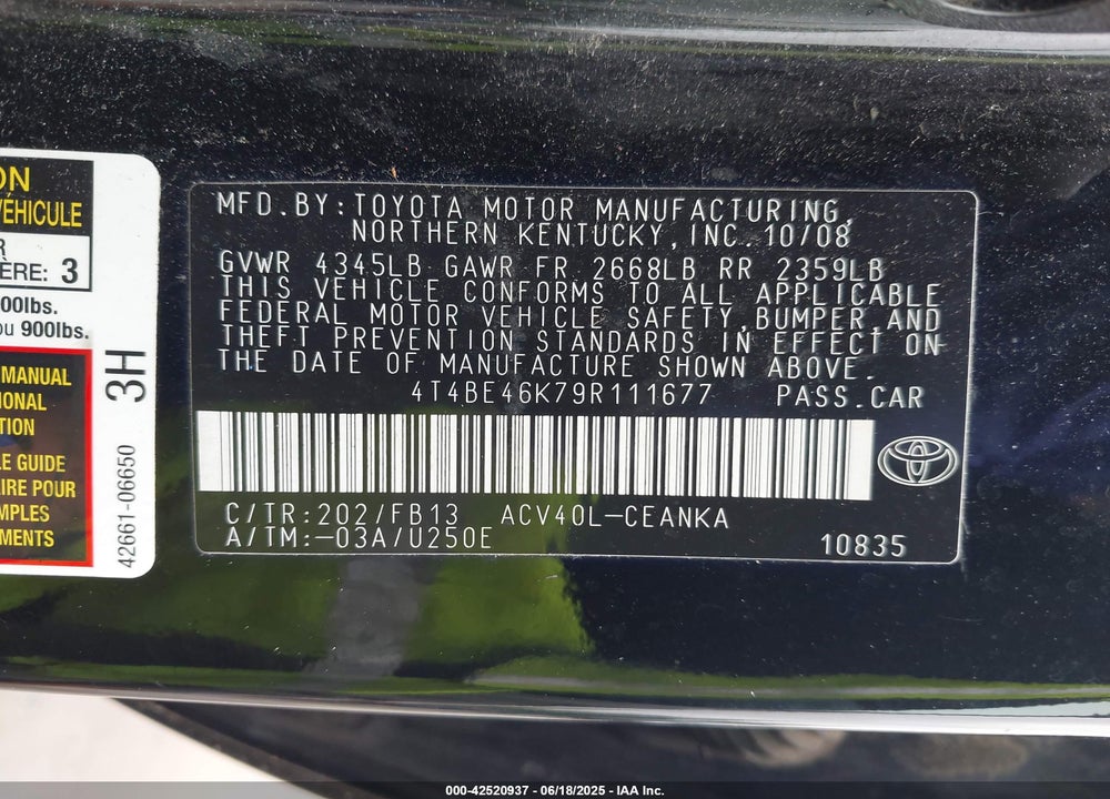 2009 TOYOTA CAMRY VIN: 4T4BE46K79R111677