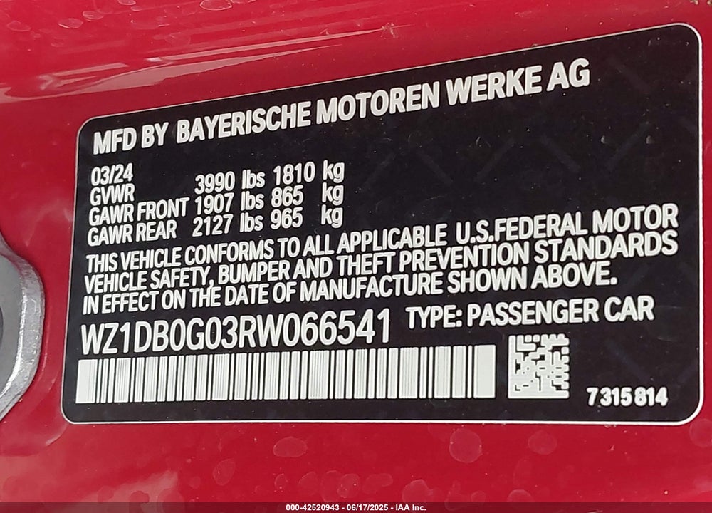 2024 TOYOTA SUPRA VIN: WZ1DB0G03RW066541