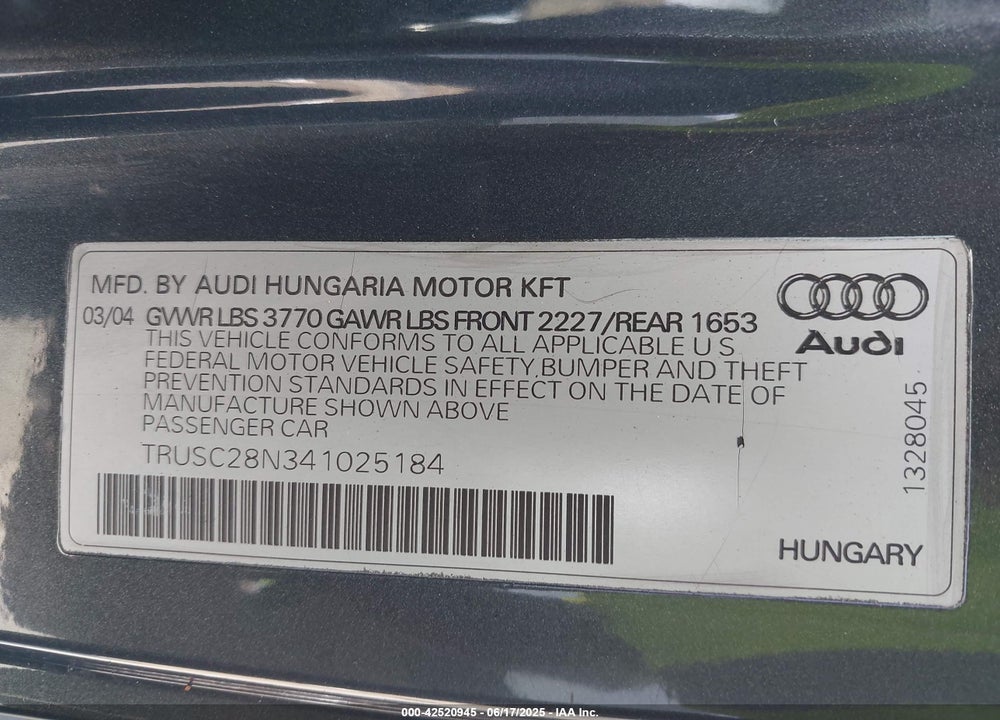 2004 AUDI TT 1.8L VIN: TRUSC28N341025184