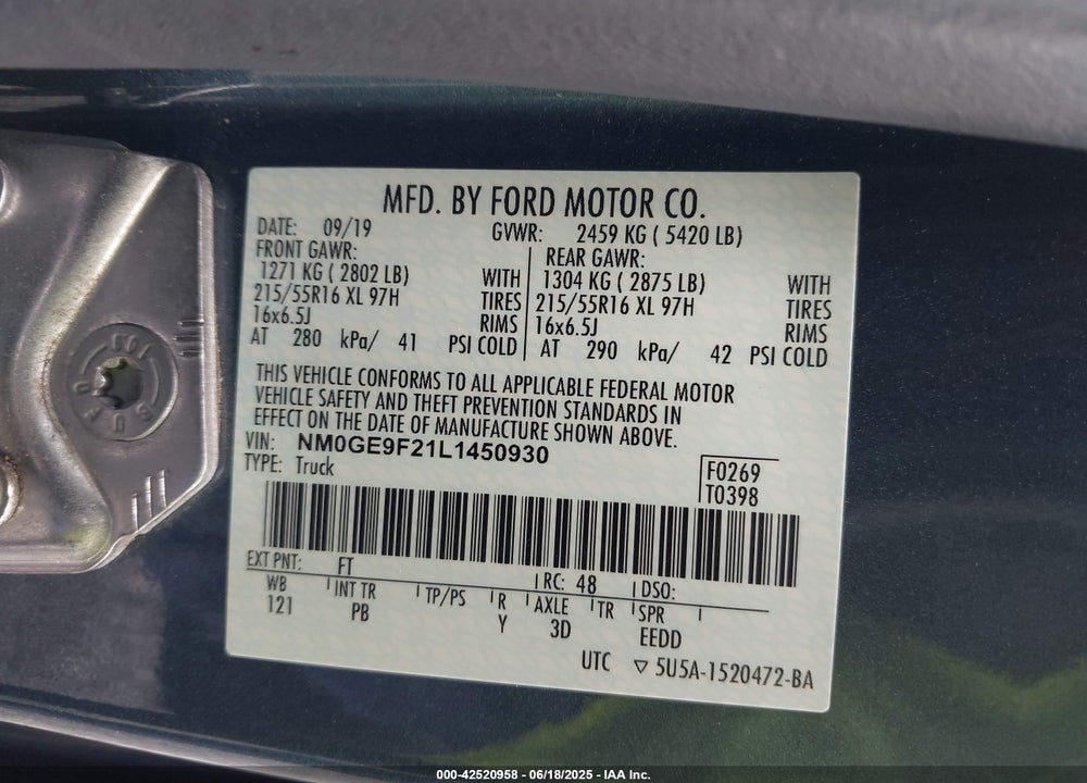 2020 FORD TRANSIT CONNECT VIN: NM0GE9F21L1450930