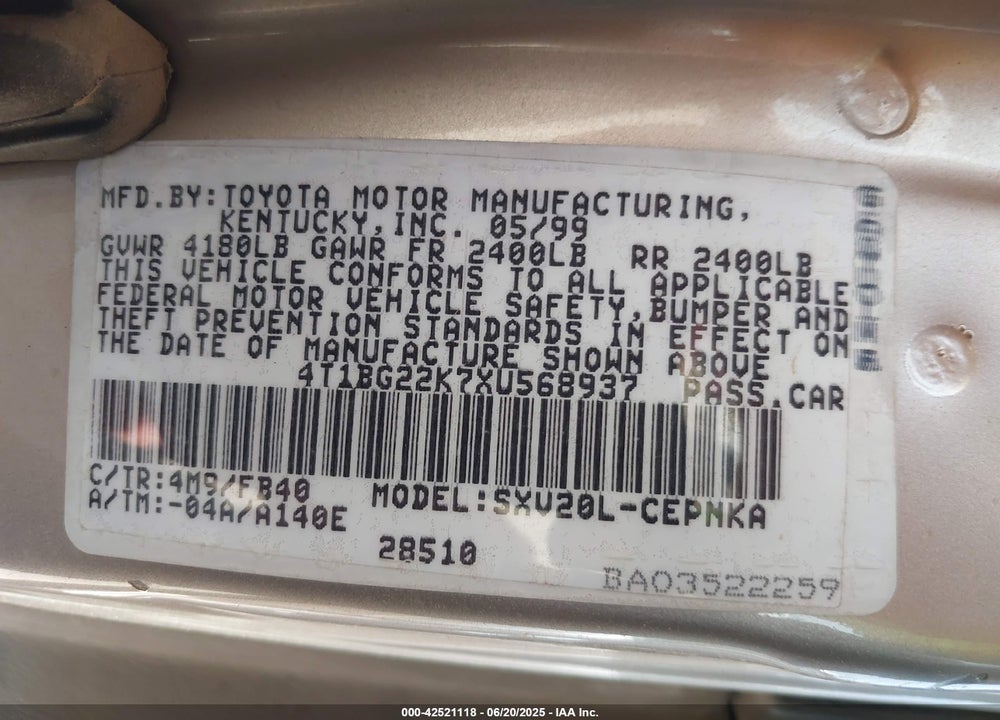 1999 TOYOTA CAMRY LE VIN: 4T1BG22K7XU568937