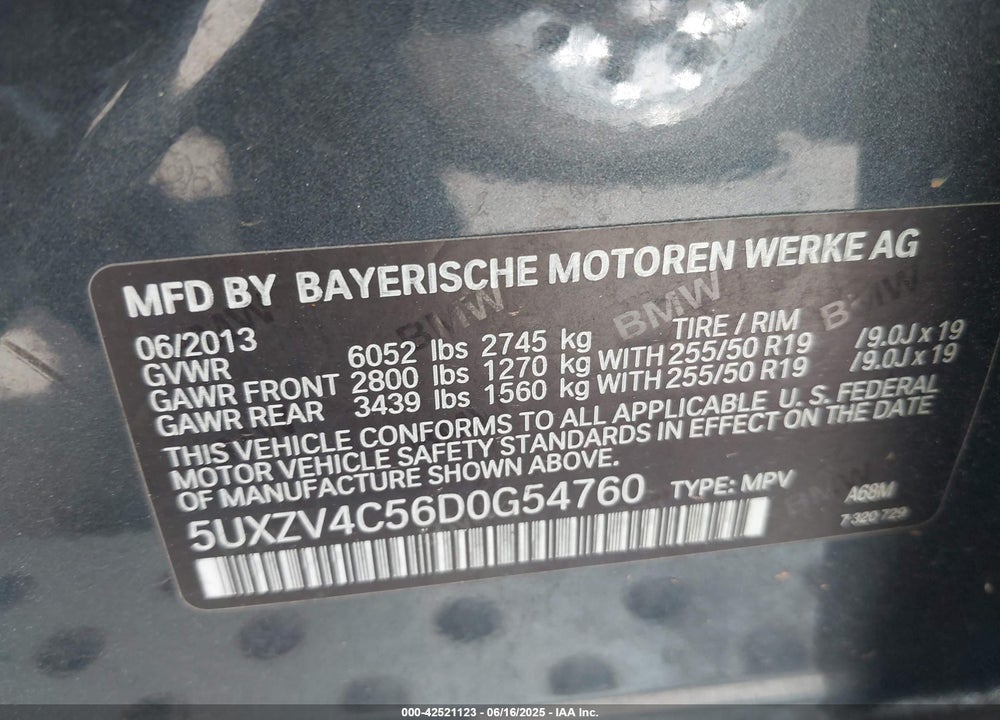 2013 BMW X5 VIN: 5UXZV4C56D0G54760