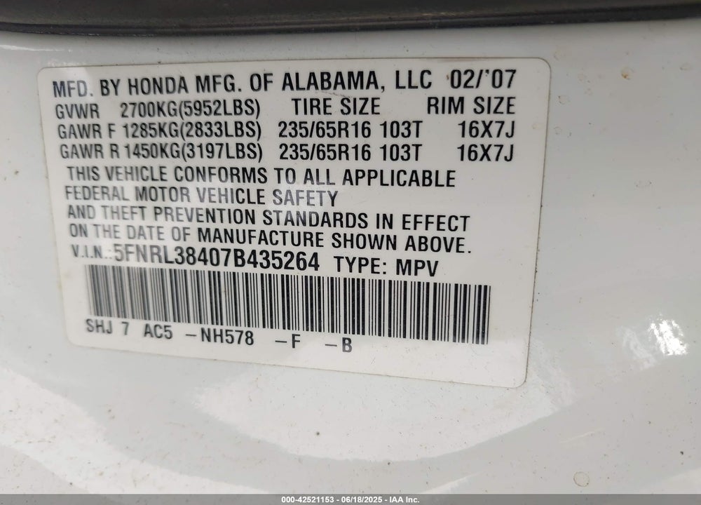 2007 HONDA ODYSSEY EX VIN: 5FNRL38407B435264