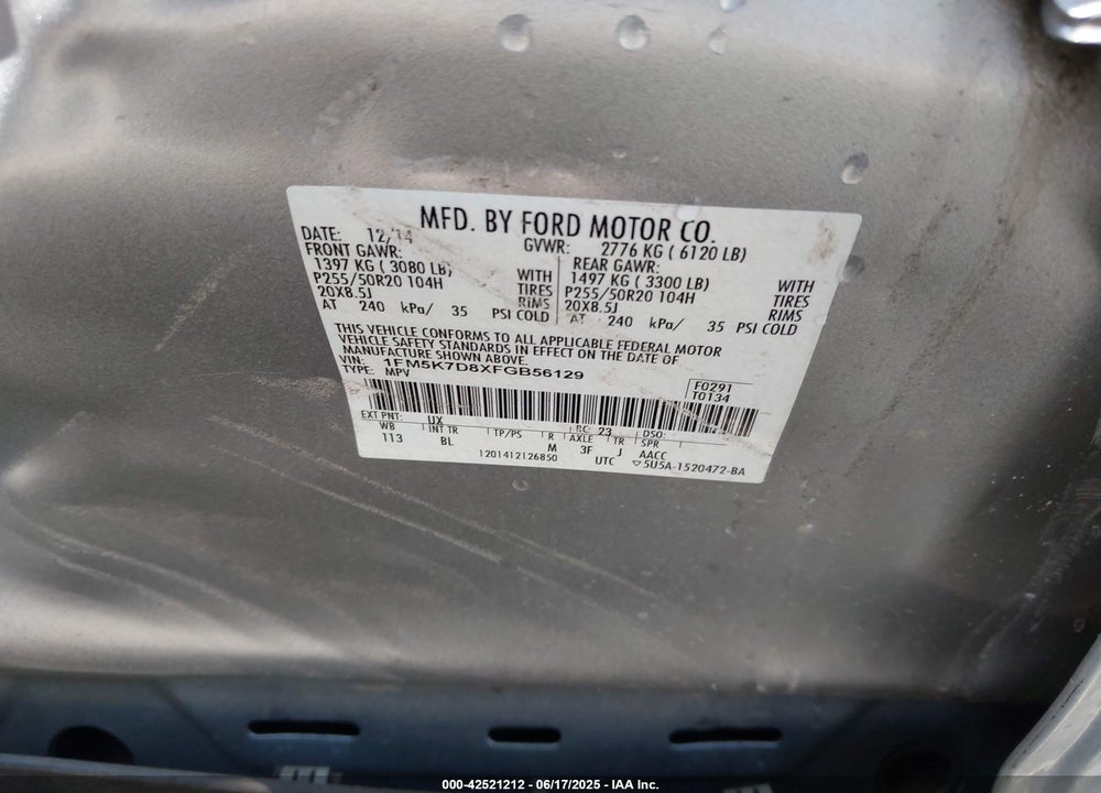 2015 FORD EXPLORER XLT VIN: 1FM5K7D8XFGB56129