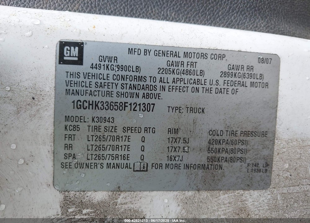 2008 CHEVROLET SILVERADO 3500HD VIN: 1GCHK33658F121307