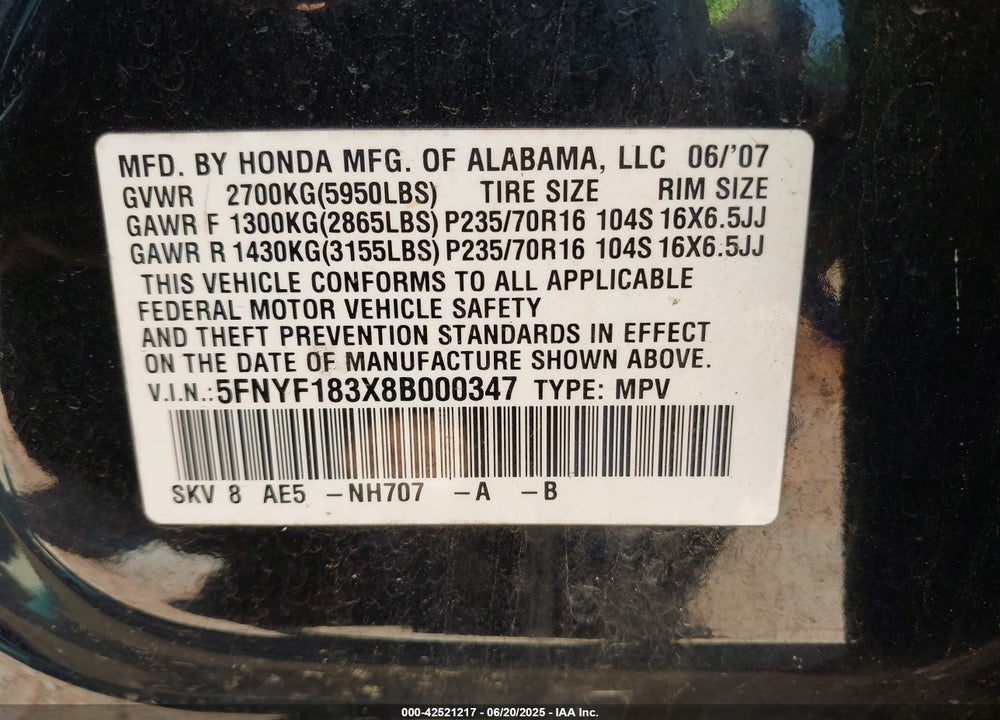 2008 HONDA PILOT VIN: 5FNYF183X8B000347