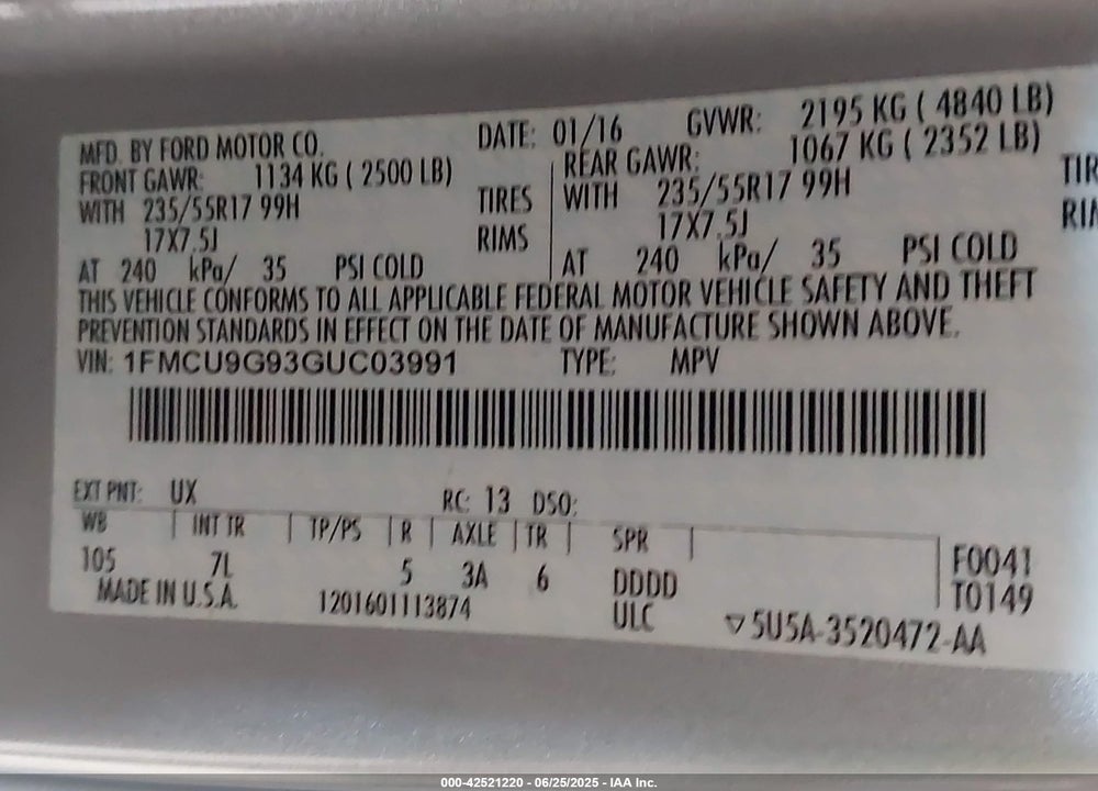 2016 FORD ESCAPE VIN: 1FMCU9G93GUC03991
