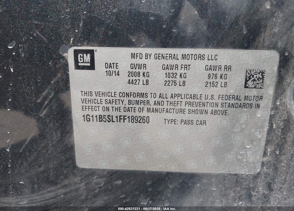 2015 CHEVROLET MALIBU VIN: 1G11B5SL1FF189260