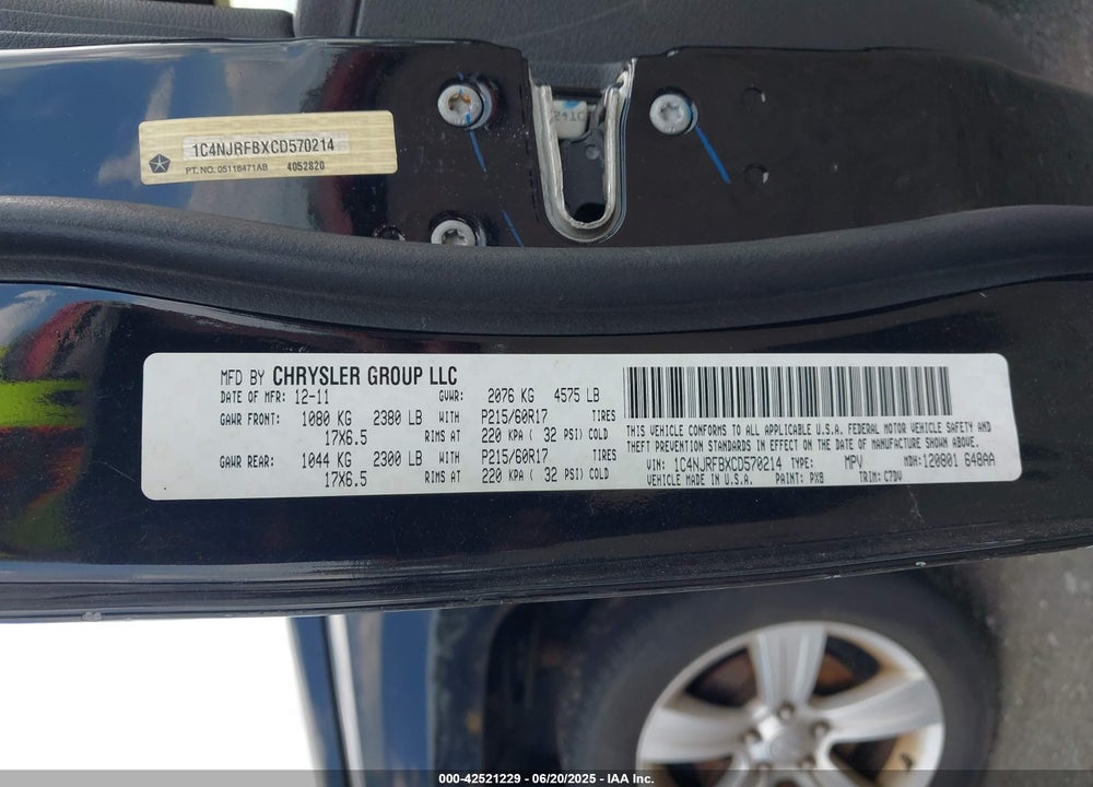 2012 JEEP PATRIOT VIN: 1C4NJRFBXCD570214