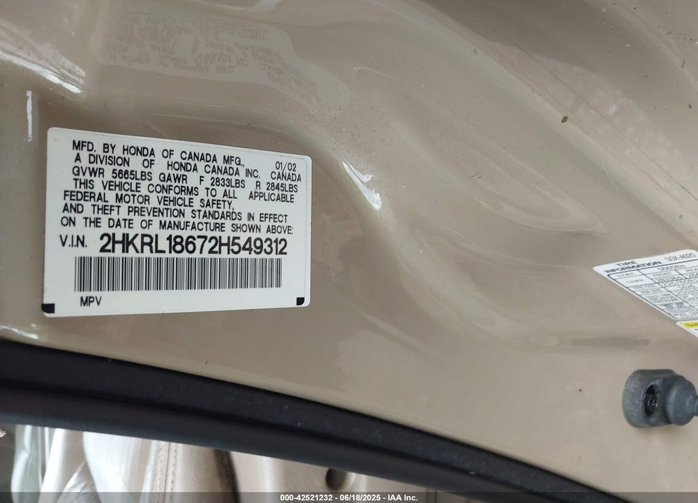 2002 HONDA ODYSSEY EX VIN: 2HKRL18672H549312