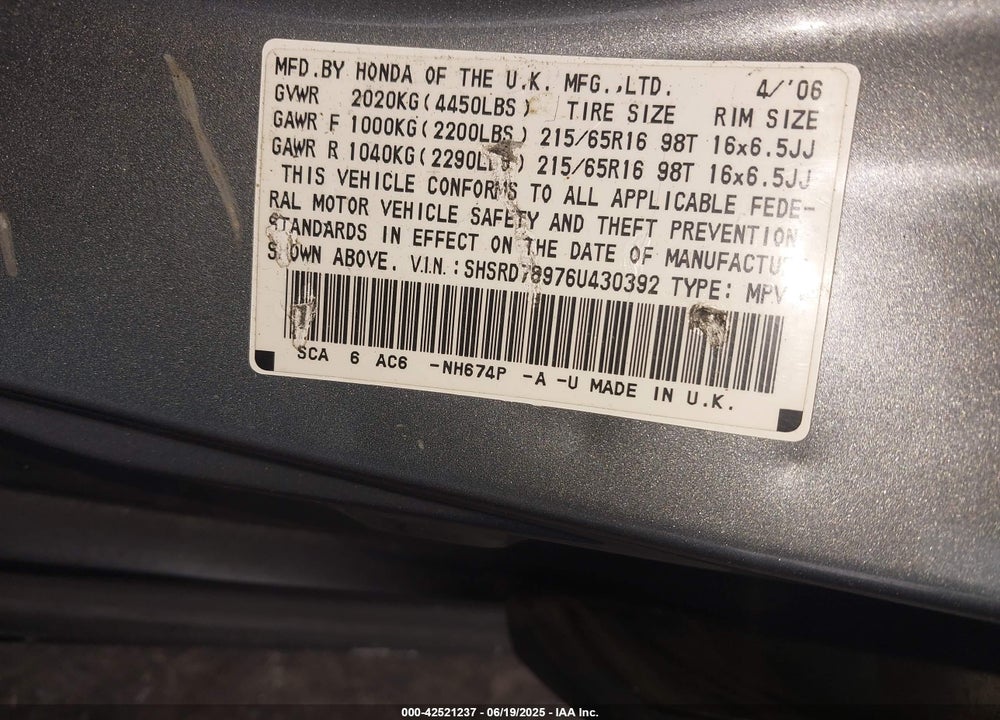 2006 HONDA CR-V SE VIN: SHSRD78976U430392