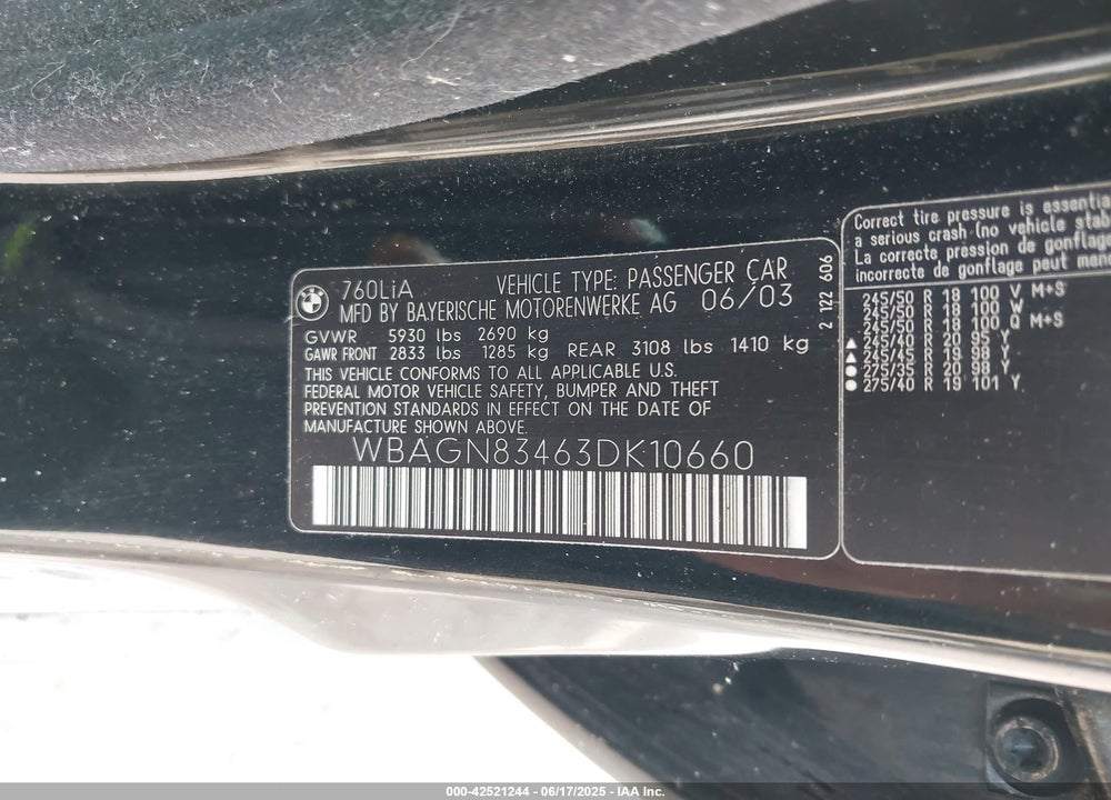 2003 BMW 760LI VIN: WBAGN83463DK10660